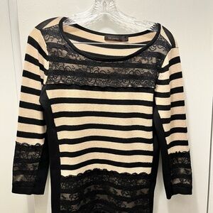 EUC The Limited Tan/Beige and Black Stripe Lace Detail Sweater 3/4 sleeve Size M